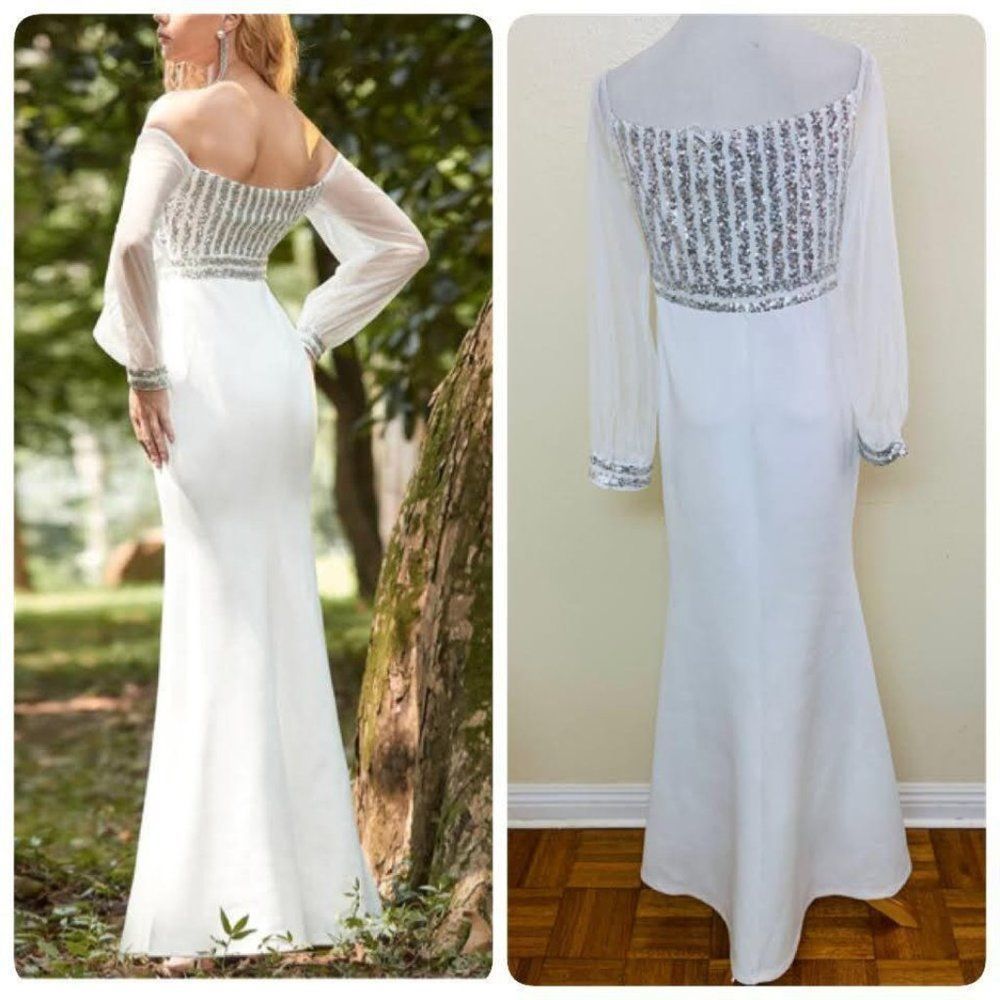 Ever-Pretty Cold Shoulder Sequin Dress Mermaid Scuba Sz 10 White 0711 - Picture 2 of 10